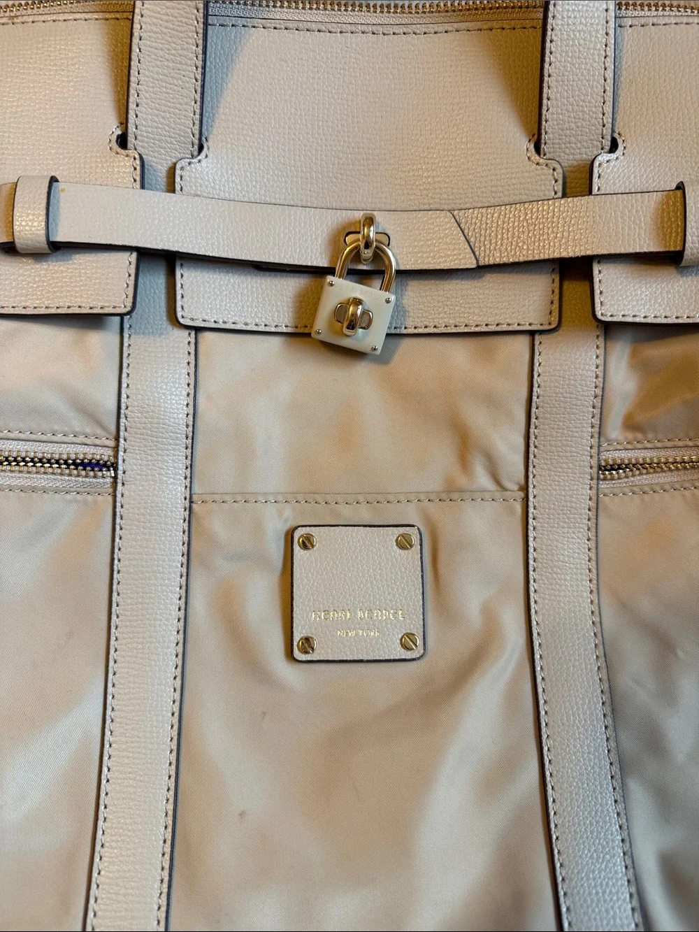 henri bendel beige nylon backpack tote with gold-tone lock